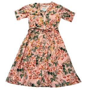 NWT LOFT Floral Button Front Midi Dress Size 8 Petite Pink Tie Waist